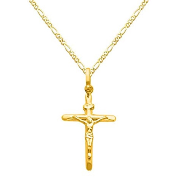 Jewelry - 14k Yellow Gold Crucifix Cross Pendant 16" inches Figaro